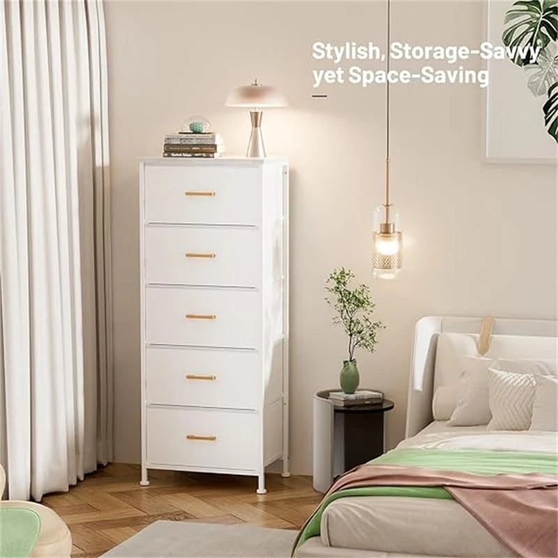 Comodino a torre alto a 5 cassetti - frontale in similpelle, design salvaspazio per camera da letto, armadio e ufficio