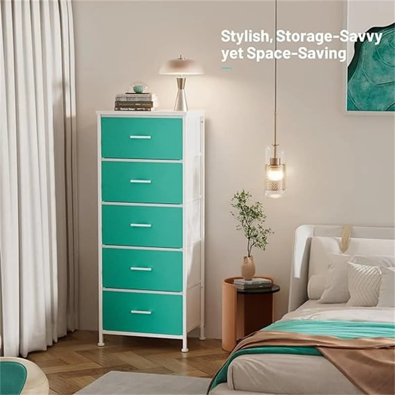 Comodino a torre alto a 5 cassetti - frontale in similpelle, design salvaspazio per camera da letto, armadio e ufficio