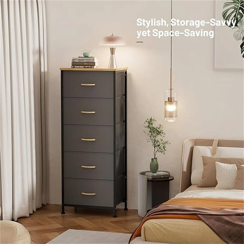 Comodino a torre alto a 5 cassetti - frontale in similpelle, design salvaspazio per camera da letto, armadio e ufficio