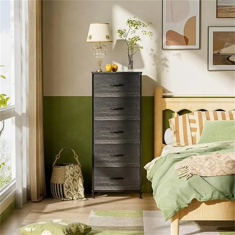 Comodino a torre alto a 5 cassetti - frontale in similpelle, design salvaspazio per camera da letto, armadio e ufficio