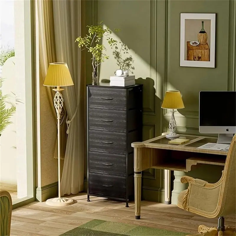 Comodino a torre alto a 5 cassetti - frontale in similpelle, design salvaspazio per camera da letto, armadio e ufficio