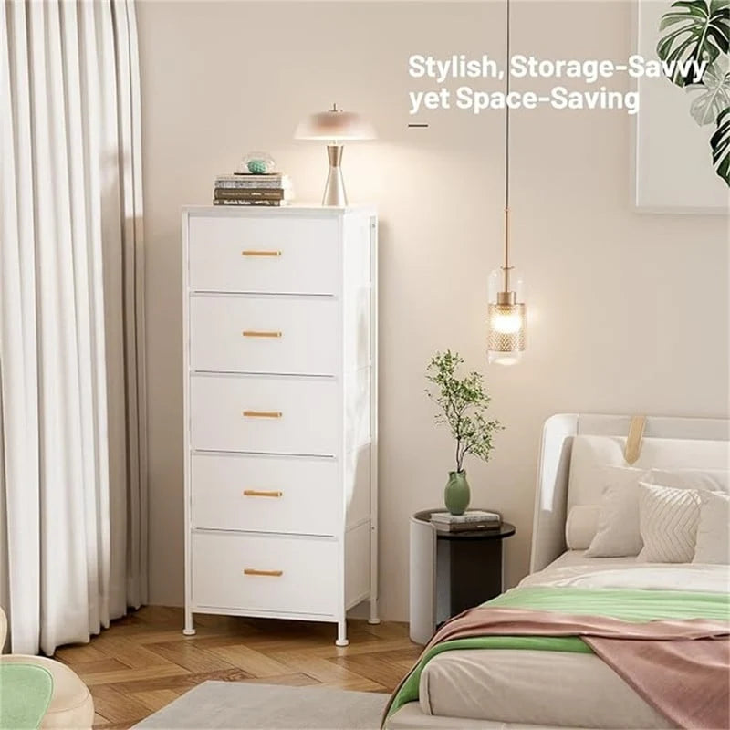 Comodino a torre alto a 5 cassetti - frontale in similpelle, design salvaspazio per camera da letto, armadio e ufficio