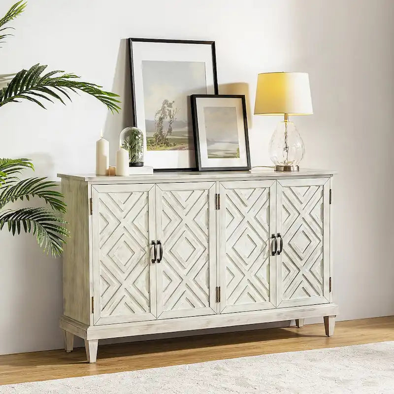 Credenza Angel tradizionale anticata – 152 cm L, motivo a rombi sulle ante, 4 ripiani regolabili