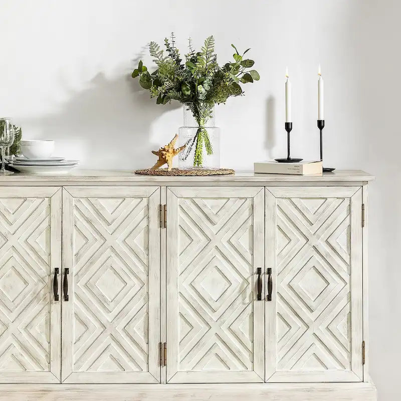 Credenza Angel tradizionale anticata – 152 cm L, motivo a rombi sulle ante, 4 ripiani regolabili