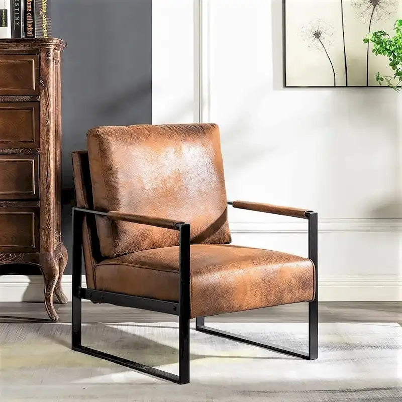 Poltrona d'Appoggio Hosam Mid-Century di US Pride Furniture – Rivestimento in PU/Microfibra, Braccioli in Metallo Aperto Quadrato, Struttura Nera Spazzolata