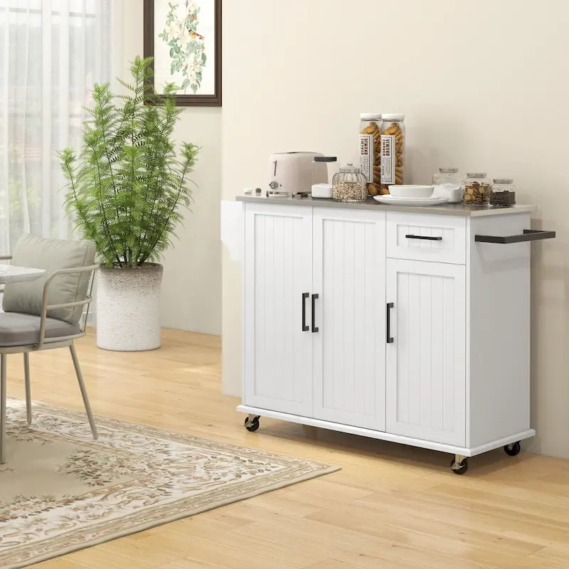 Isola da Cucina Mobile su Ruote con Cassetto, 3 Armadietti e Piano di Lavoro in Acciaio Inox