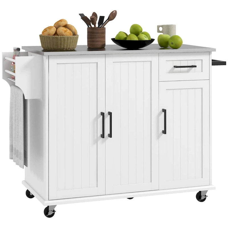 Isola da Cucina Mobile su Ruote con Cassetto, 3 Armadietti e Piano di Lavoro in Acciaio Inox