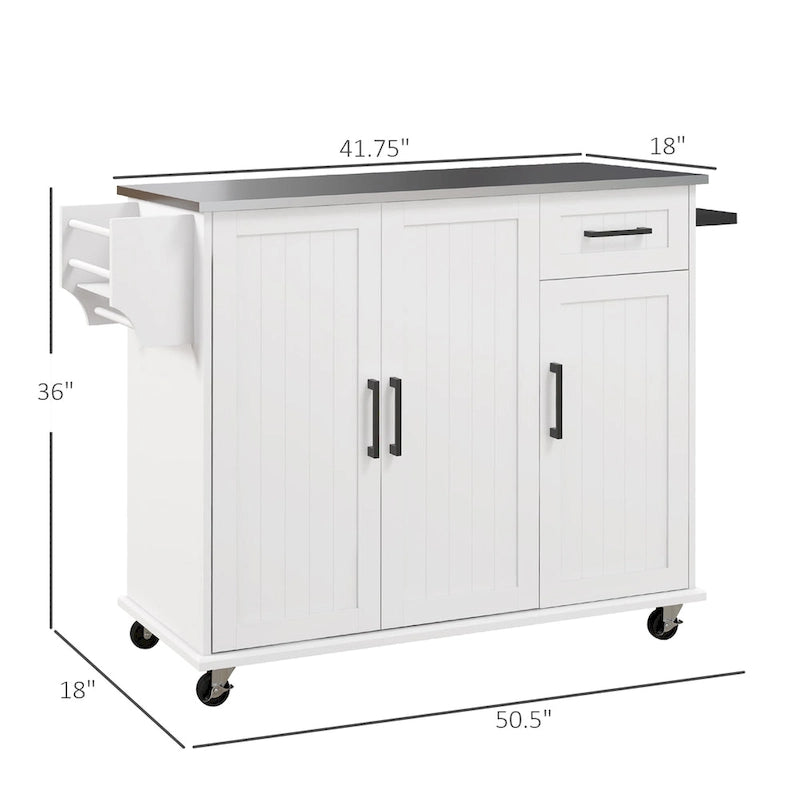 Isola da Cucina Mobile su Ruote con Cassetto, 3 Armadietti e Piano di Lavoro in Acciaio Inox