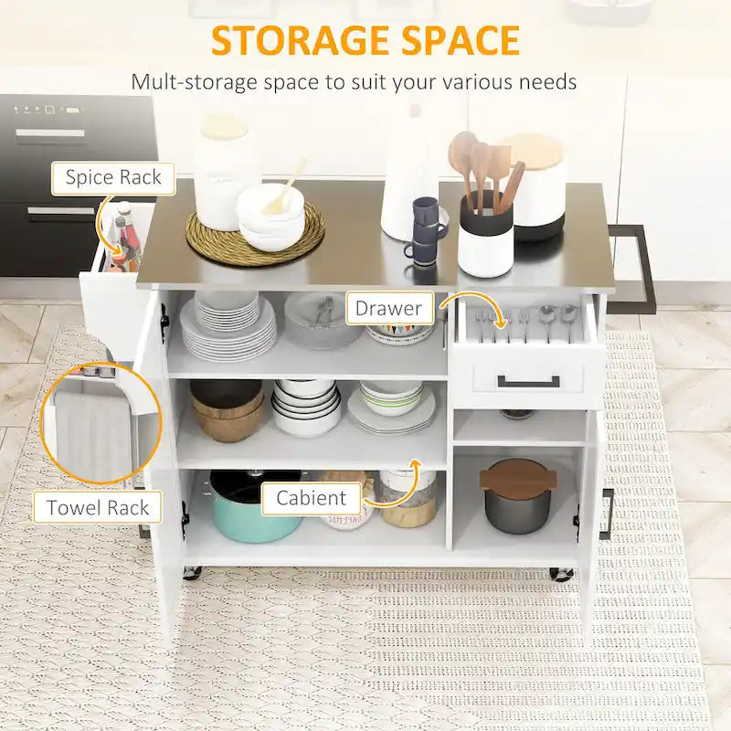 Isola da Cucina Mobile su Ruote con Cassetto, 3 Armadietti e Piano di Lavoro in Acciaio Inox