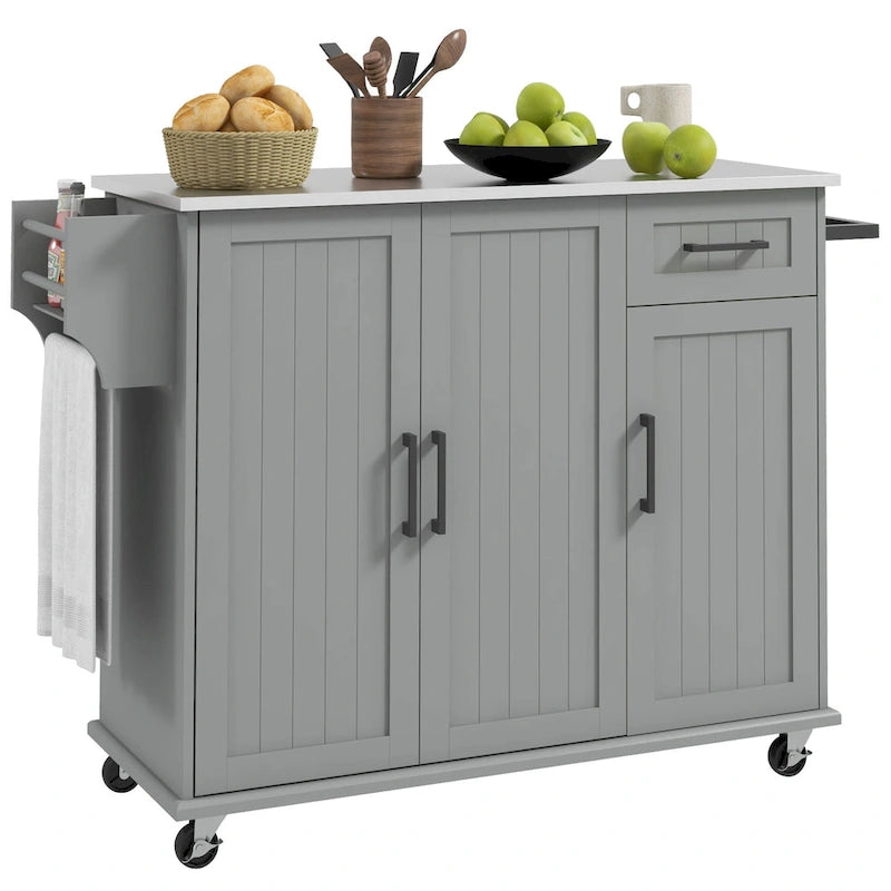 Isola da Cucina Mobile su Ruote con Cassetto, 3 Armadietti e Piano di Lavoro in Acciaio Inox