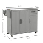 Isola da Cucina Mobile su Ruote con Cassetto, 3 Armadietti e Piano di Lavoro in Acciaio Inox
