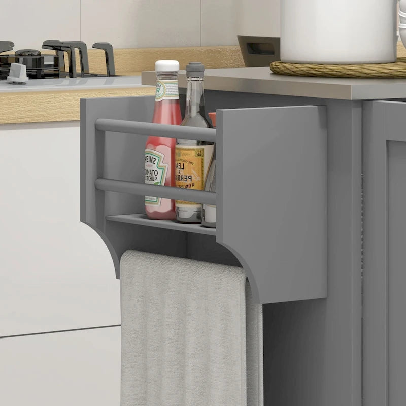 Isola da Cucina Mobile su Ruote con Cassetto, 3 Armadietti e Piano di Lavoro in Acciaio Inox