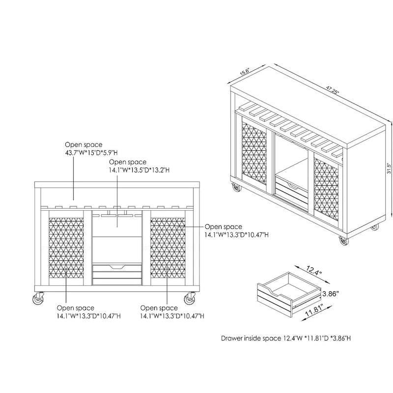 Mobili di America Sene Carrello Buffet Contemporaneo – 4 Ripiani, Portabottiglie & Portacalici, Nero o Noce
