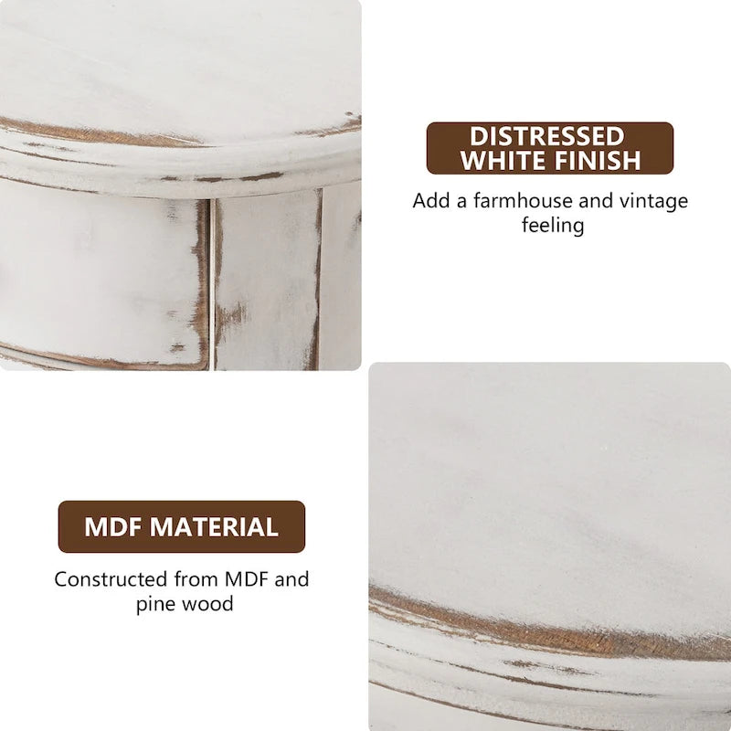 Tavolino da Divano Rotondo Alto Bianco Effetto Invecchiato con Cassetto e Ripiano Inferiore – MDF e Pino, Design Salvaspazio