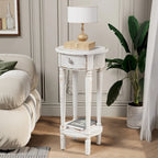Tavolino da Divano Rotondo Alto Bianco Effetto Invecchiato con Cassetto e Ripiano Inferiore – MDF e Pino, Design Salvaspazio