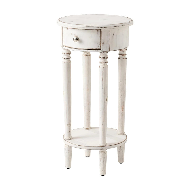 Tavolino da Divano Rotondo Alto Bianco Effetto Invecchiato con Cassetto e Ripiano Inferiore – MDF e Pino, Design Salvaspazio