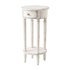Tavolino da Divano Rotondo Alto Bianco Effetto Invecchiato con Cassetto e Ripiano Inferiore – MDF e Pino, Design Salvaspazio