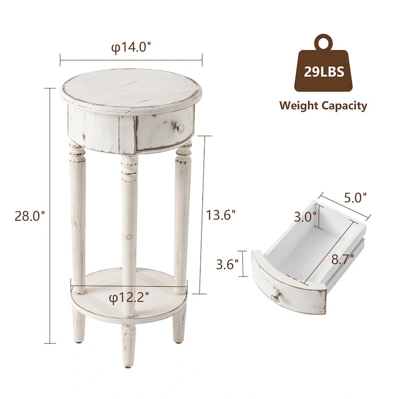 Tavolino da Divano Rotondo Alto Bianco Effetto Invecchiato con Cassetto e Ripiano Inferiore – MDF e Pino, Design Salvaspazio