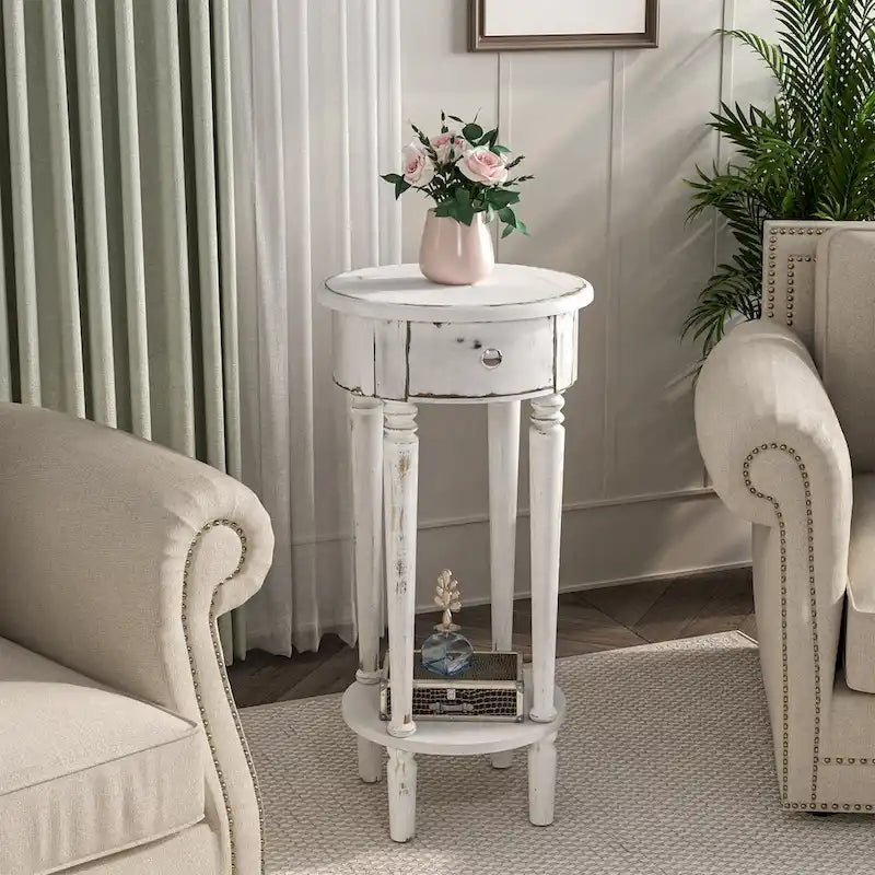 Tavolino da Divano Rotondo Alto Bianco Effetto Invecchiato con Cassetto e Ripiano Inferiore – MDF e Pino, Design Salvaspazio