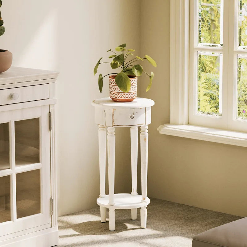 Tavolino da Divano Rotondo Alto Bianco Effetto Invecchiato con Cassetto e Ripiano Inferiore – MDF e Pino, Design Salvaspazio