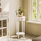 Tavolino da Divano Rotondo Alto Bianco Effetto Invecchiato con Cassetto e Ripiano Inferiore – MDF e Pino, Design Salvaspazio