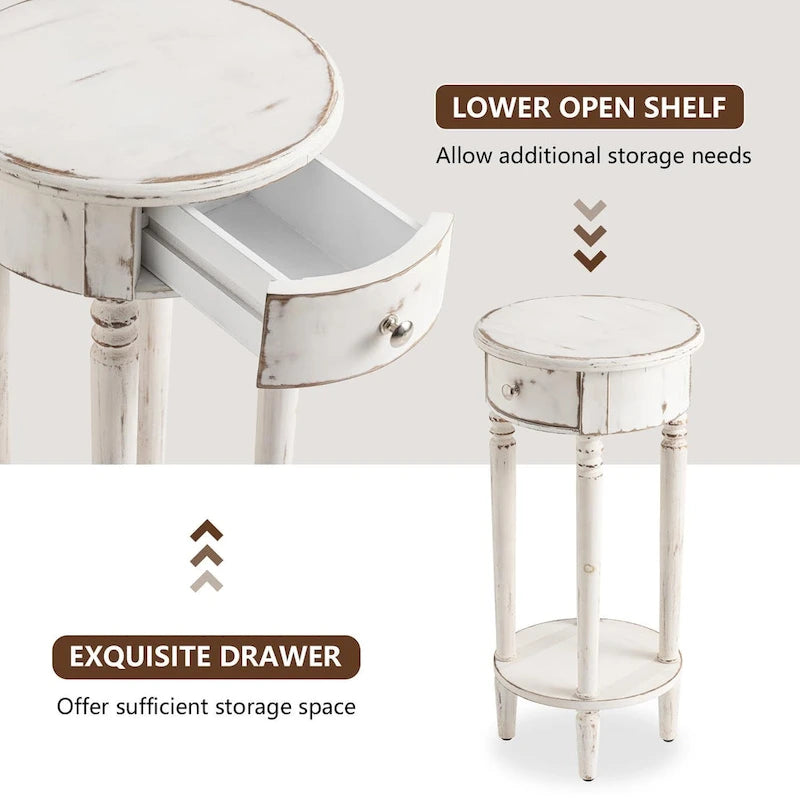 Tavolino da Divano Rotondo Alto Bianco Effetto Invecchiato con Cassetto e Ripiano Inferiore – MDF e Pino, Design Salvaspazio