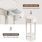 Tavolino da Divano Rotondo Alto Bianco Effetto Invecchiato con Cassetto e Ripiano Inferiore – MDF e Pino, Design Salvaspazio