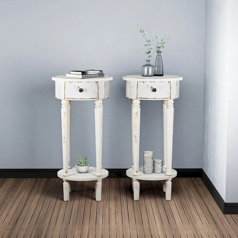 Tavolino da Divano Rotondo Alto Bianco Effetto Invecchiato con Cassetto e Ripiano Inferiore – MDF e Pino, Design Salvaspazio