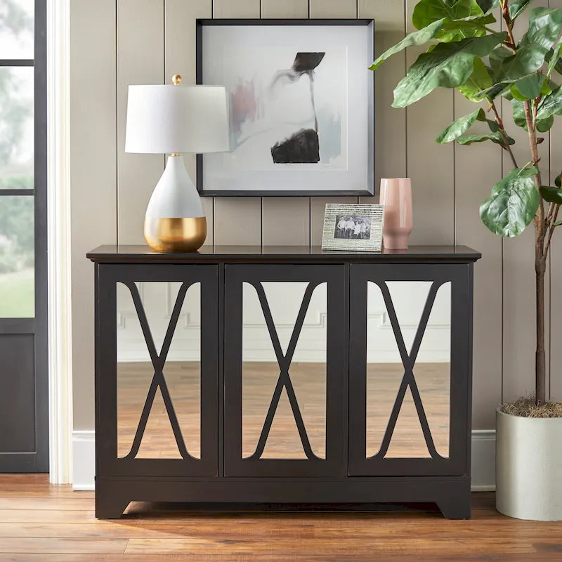 Simple Living Reflections Credenza Specchio – Ante a X, 3 Ripiani Regolabili, Finitura Invecchiata, 132 cm L
