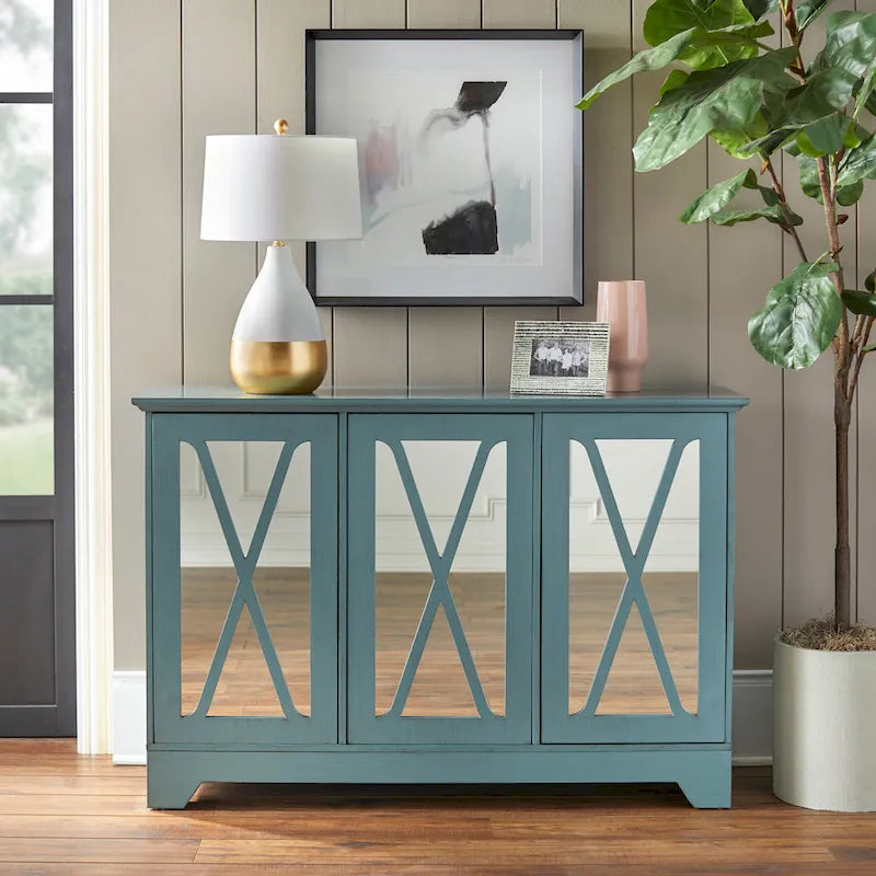 Simple Living Reflections Credenza Specchio – Ante a X, 3 Ripiani Regolabili, Finitura Invecchiata, 132 cm L