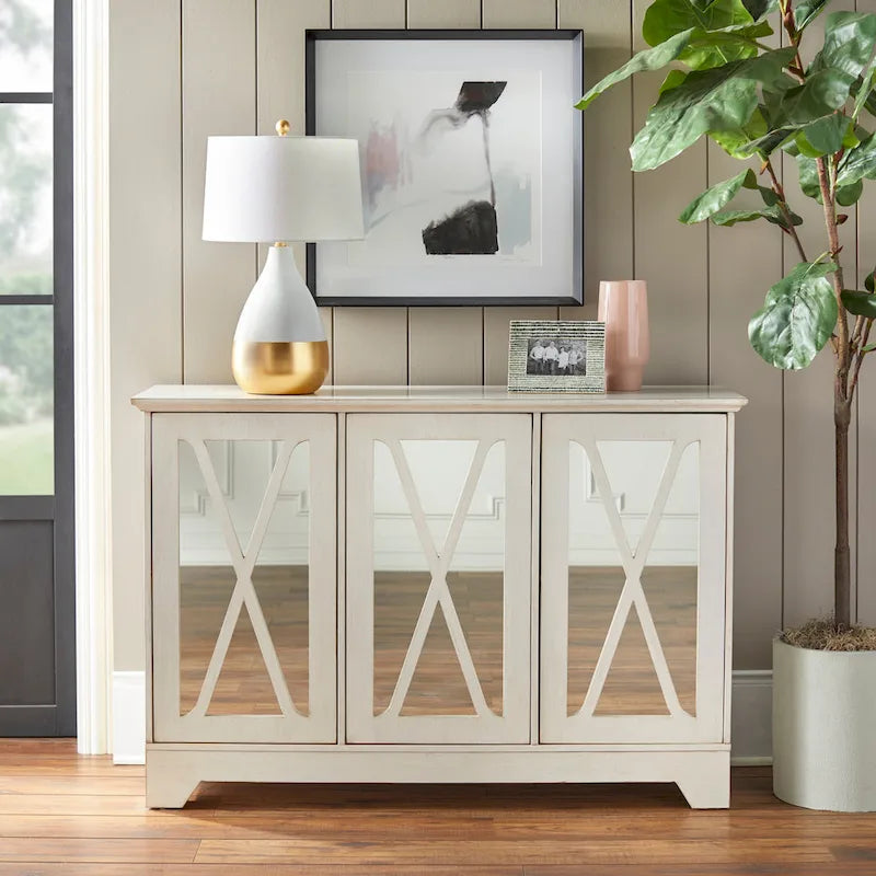 Simple Living Reflections Credenza Specchio – Ante a X, 3 Ripiani Regolabili, Finitura Invecchiata, 132 cm L