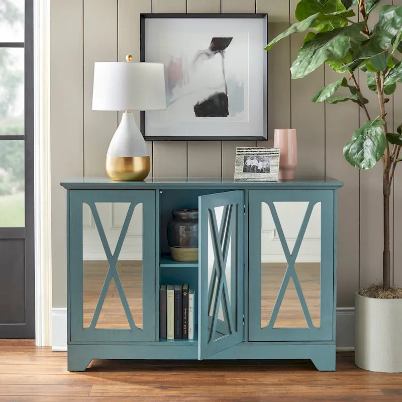 Simple Living Reflections Credenza Specchio – Ante a X, 3 Ripiani Regolabili, Finitura Invecchiata, 132 cm L
