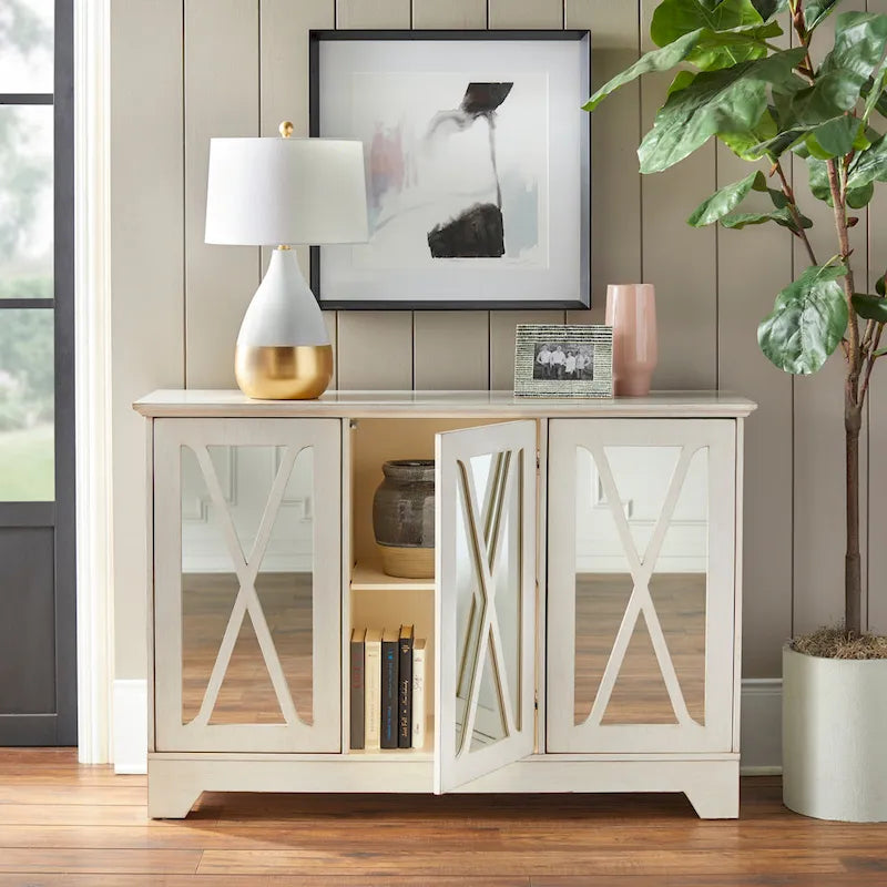 Simple Living Reflections Credenza Specchio – Ante a X, 3 Ripiani Regolabili, Finitura Invecchiata, 132 cm L