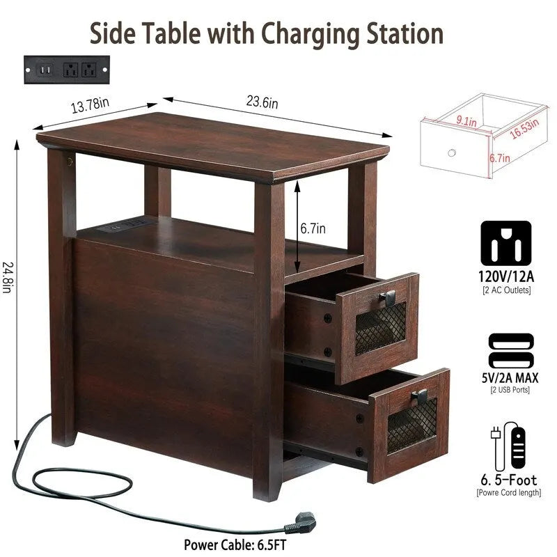 Tavolino da Divano Rustico con Stazione di Ricarica – 2 Prese CA, 2 Porte USB, 2 Cassetti, Piano Effetto Legno