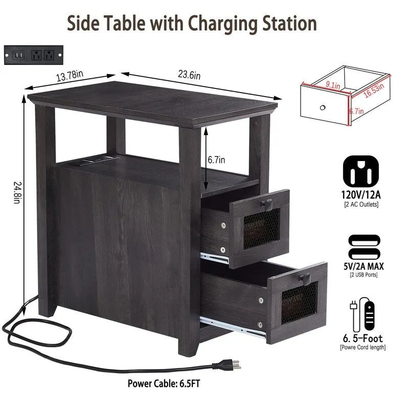 Tavolino da Divano Rustico con Stazione di Ricarica – 2 Prese CA, 2 Porte USB, 2 Cassetti, Piano Effetto Legno