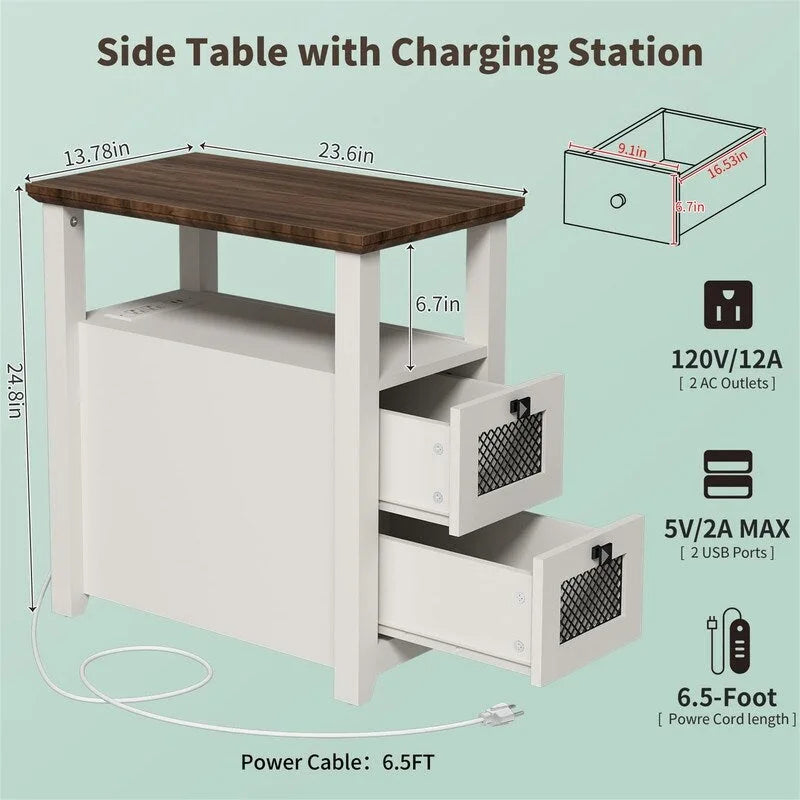 Tavolino da Divano Rustico con Stazione di Ricarica – 2 Prese CA, 2 Porte USB, 2 Cassetti, Piano Effetto Legno