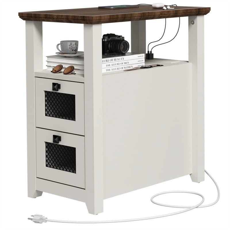 Tavolino da Divano Rustico con Stazione di Ricarica – 2 Prese CA, 2 Porte USB, 2 Cassetti, Piano Effetto Legno