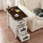 Tavolino da Divano Rustico con Stazione di Ricarica – 2 Prese CA, 2 Porte USB, 2 Cassetti, Piano Effetto Legno