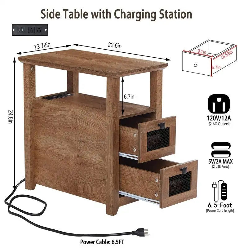 Tavolino da Divano Rustico con Stazione di Ricarica – 2 Prese CA, 2 Porte USB, 2 Cassetti, Piano Effetto Legno
