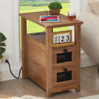 Tavolino da Divano Rustico con Stazione di Ricarica – 2 Prese CA, 2 Porte USB, 2 Cassetti, Piano Effetto Legno