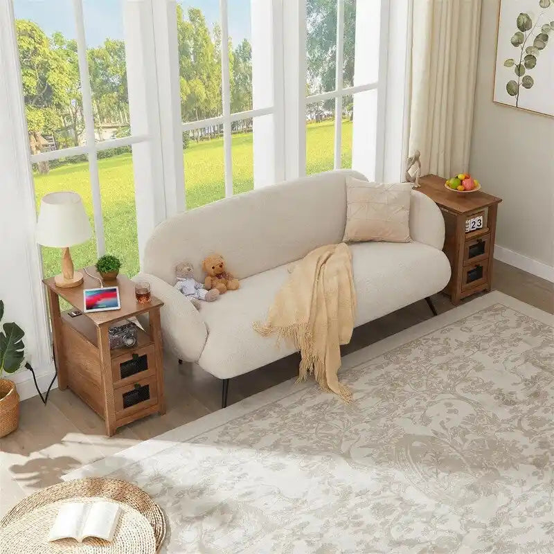 Tavolino da Divano Rustico con Stazione di Ricarica – 2 Prese CA, 2 Porte USB, 2 Cassetti, Piano Effetto Legno