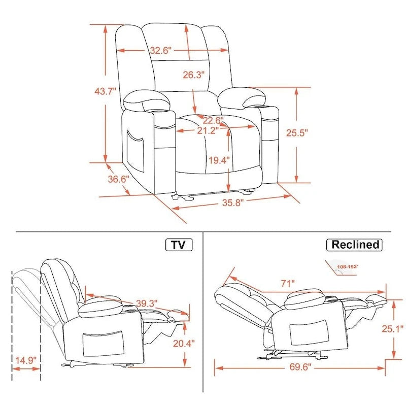 Poltrona reclinabile elettrica con calore e massaggio – 6 punti di vibrazione, porte USB, portabicchieri, 145 kg