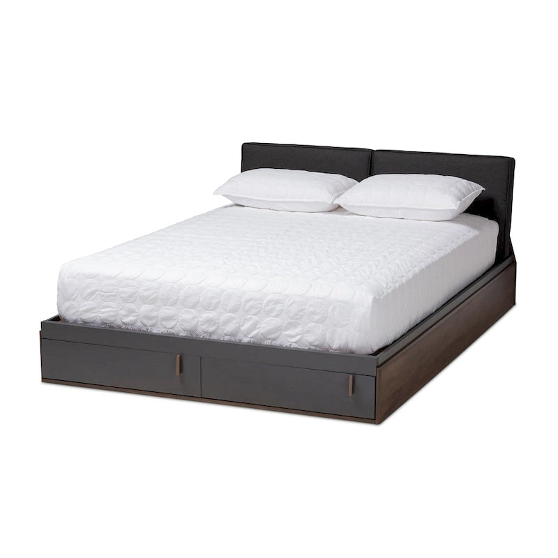 Letto matrimoniale Rikke moderno con piattaforma e cassetti – 2 cassetti nella pediera, grigio e noce bicolore