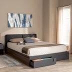 Letto matrimoniale Rikke moderno con piattaforma e cassetti – 2 cassetti nella pediera, grigio e noce bicolore