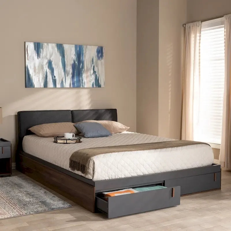Letto matrimoniale Rikke moderno con piattaforma e cassetti – 2 cassetti nella pediera, grigio e noce bicolore
