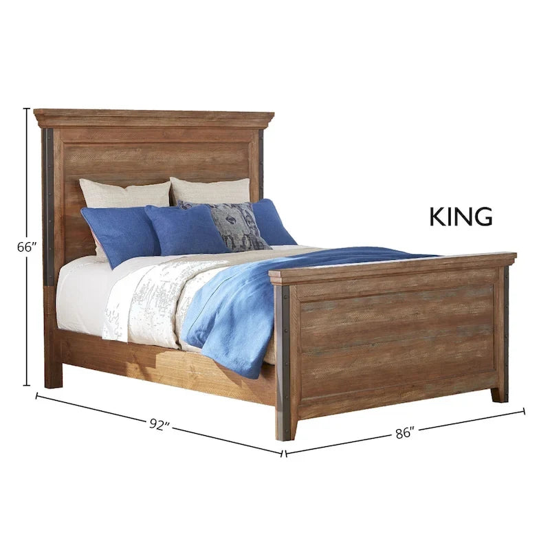 Letto a pannelli Taos Canyon Brown – Pino massiccio, inserti in metallo borchiato, pediera con contenitore opzionale, 600 libbre, Queen o King
