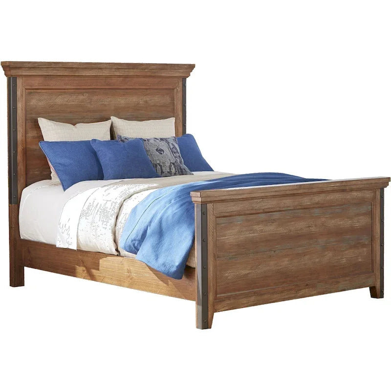 Letto a pannelli Taos Canyon Brown – Pino massiccio, inserti in metallo borchiato, pediera con contenitore opzionale, 600 libbre, Queen o King