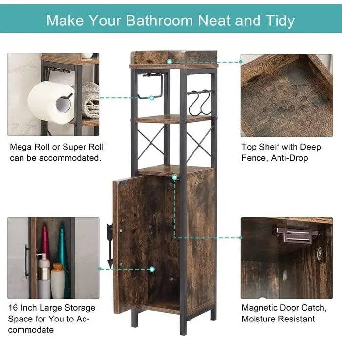 Colonna bagno alta con portarotolo integrato – 3 ripiani aperti, armadietto chiuso, 80 cm di altezza, 4 colori