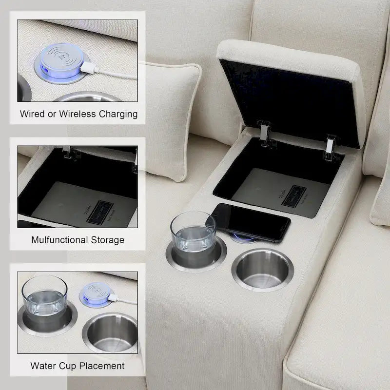 [VIDEO fornito] [Nuovo] 114.2 Divano imbottito con console, 2 portabicchieri e 2 porte USB con ricarica cablata o wireless, Modern Li