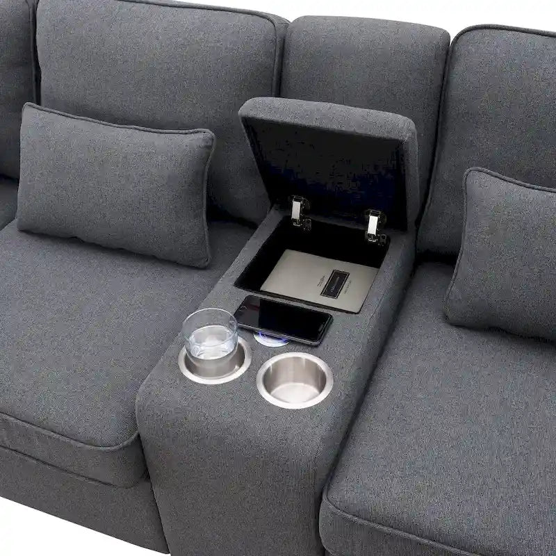 [VIDEO fornito] [Nuovo] 114.2 Divano imbottito con console, 2 portabicchieri e 2 porte USB con ricarica cablata o wireless, Modern Li